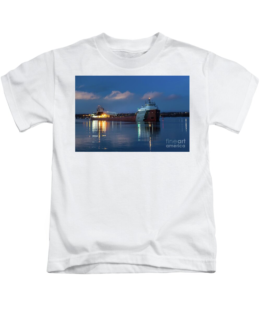Great Lakes Kids T-Shirt featuring the photograph Great Lakes Freighter Cason Callaway Reflections -6776 by Norris Seward