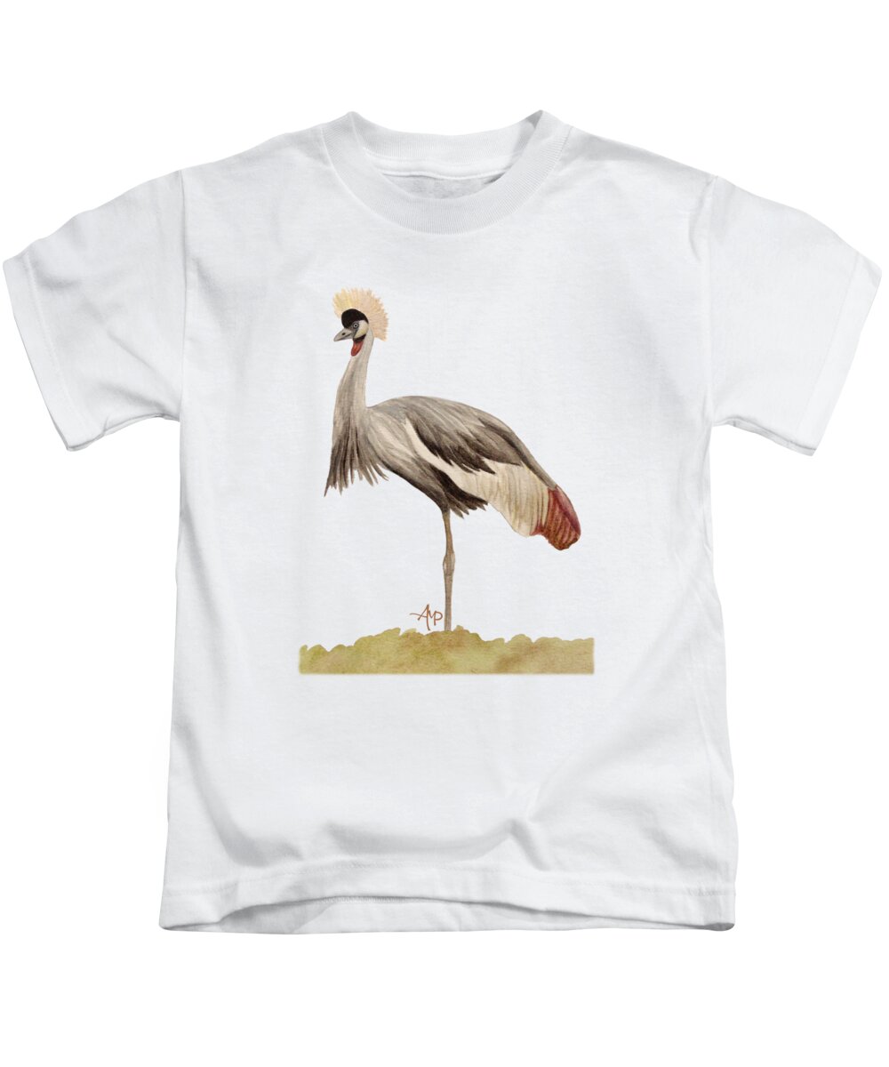 Grey Crowned Crane Kids T-Shirt featuring the painting Grey Crowned Crane by Angeles M Pomata
