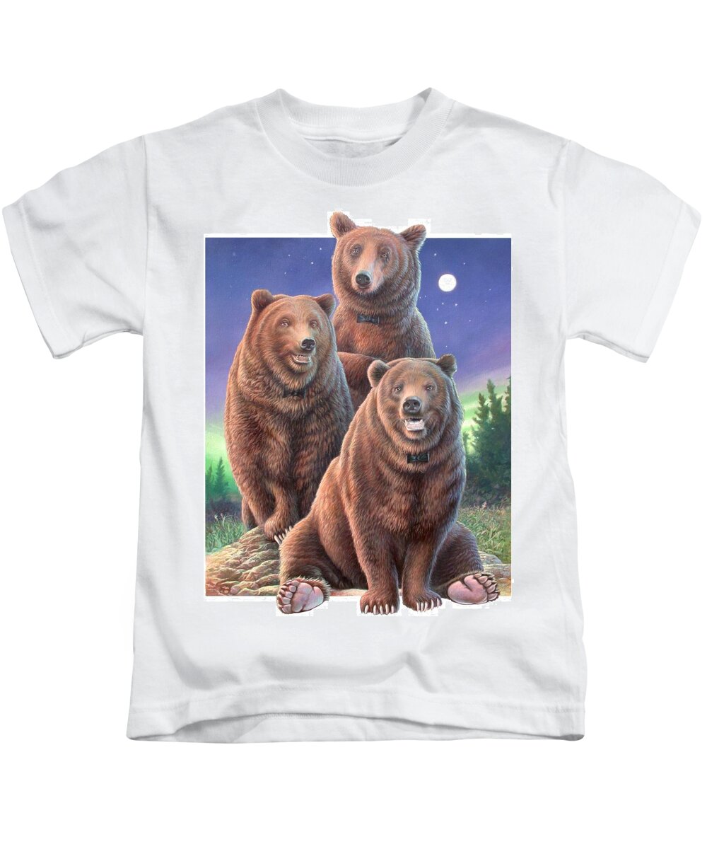 Grizzly Kids T-Shirt featuring the painting Grizzly Bears in starry night by Hans Droog