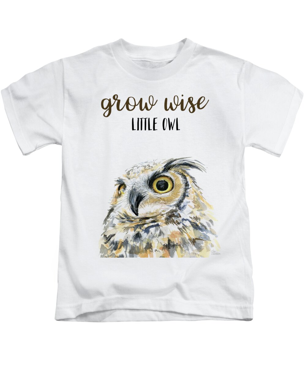 Grow Wise Little Owl Kids T-Shirt featuring the painting Grow Wise Little Owl by Olga Shvartsur