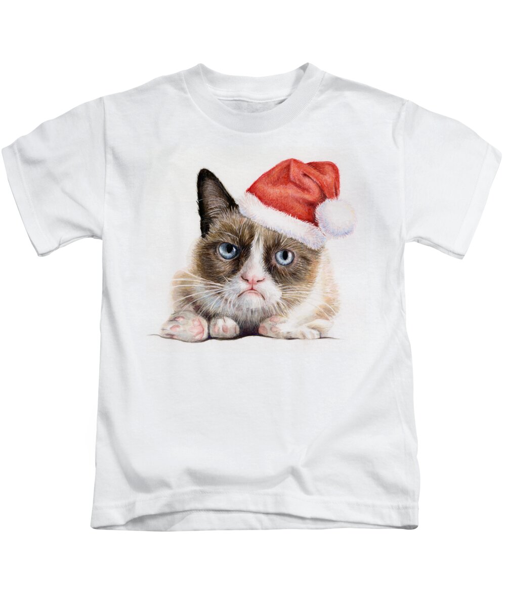Grumpy Kids T-Shirt featuring the painting Grumpy Cat as Santa by Olga Shvartsur
