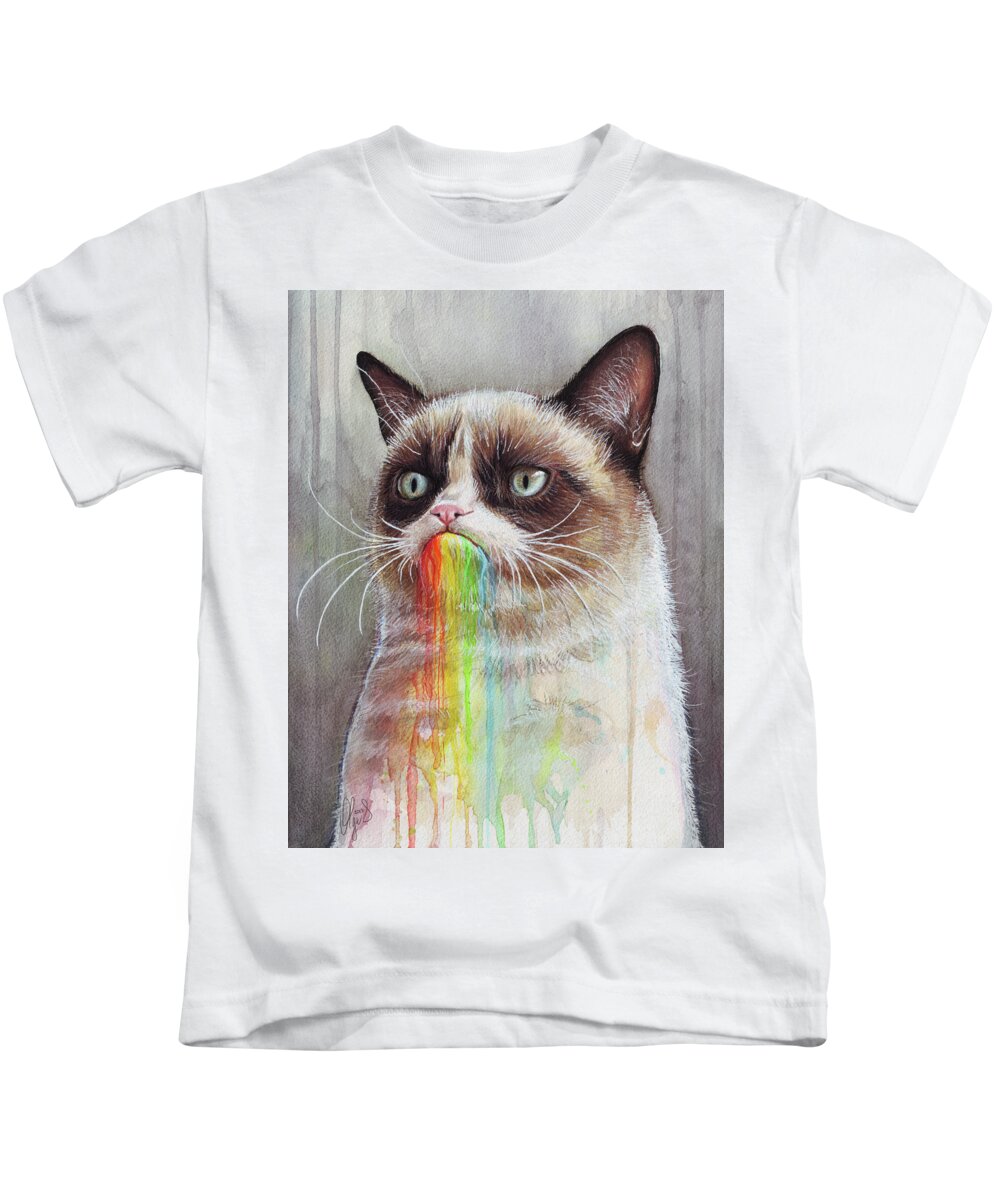 Grumpy Cat Kids T-Shirt featuring the painting Grumpy Cat Tastes the Rainbow by Olga Shvartsur