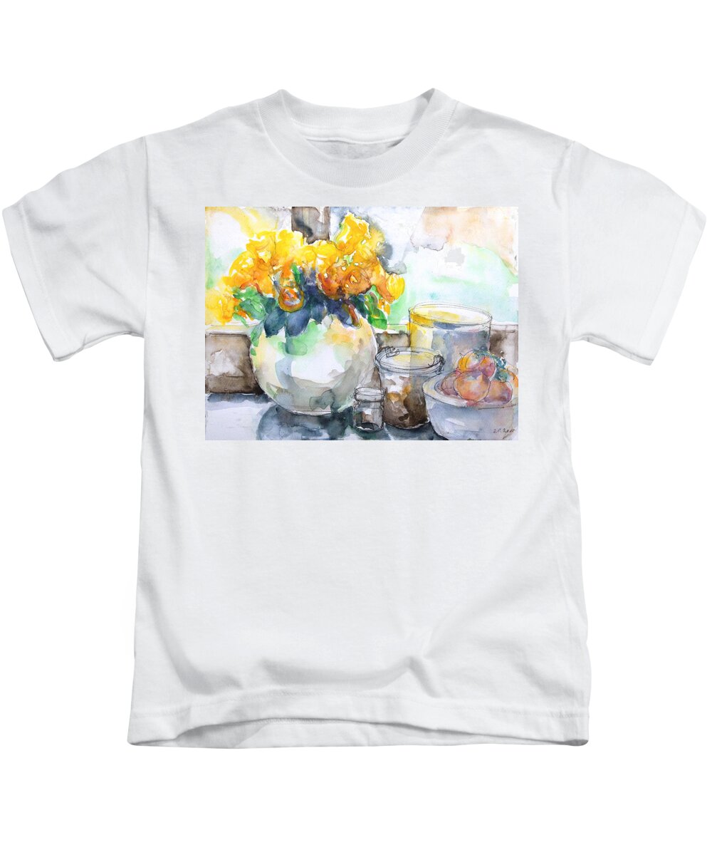 Still Life Kids T-Shirt featuring the painting Gudrun's Kitchen Window by Barbara Pommerenke