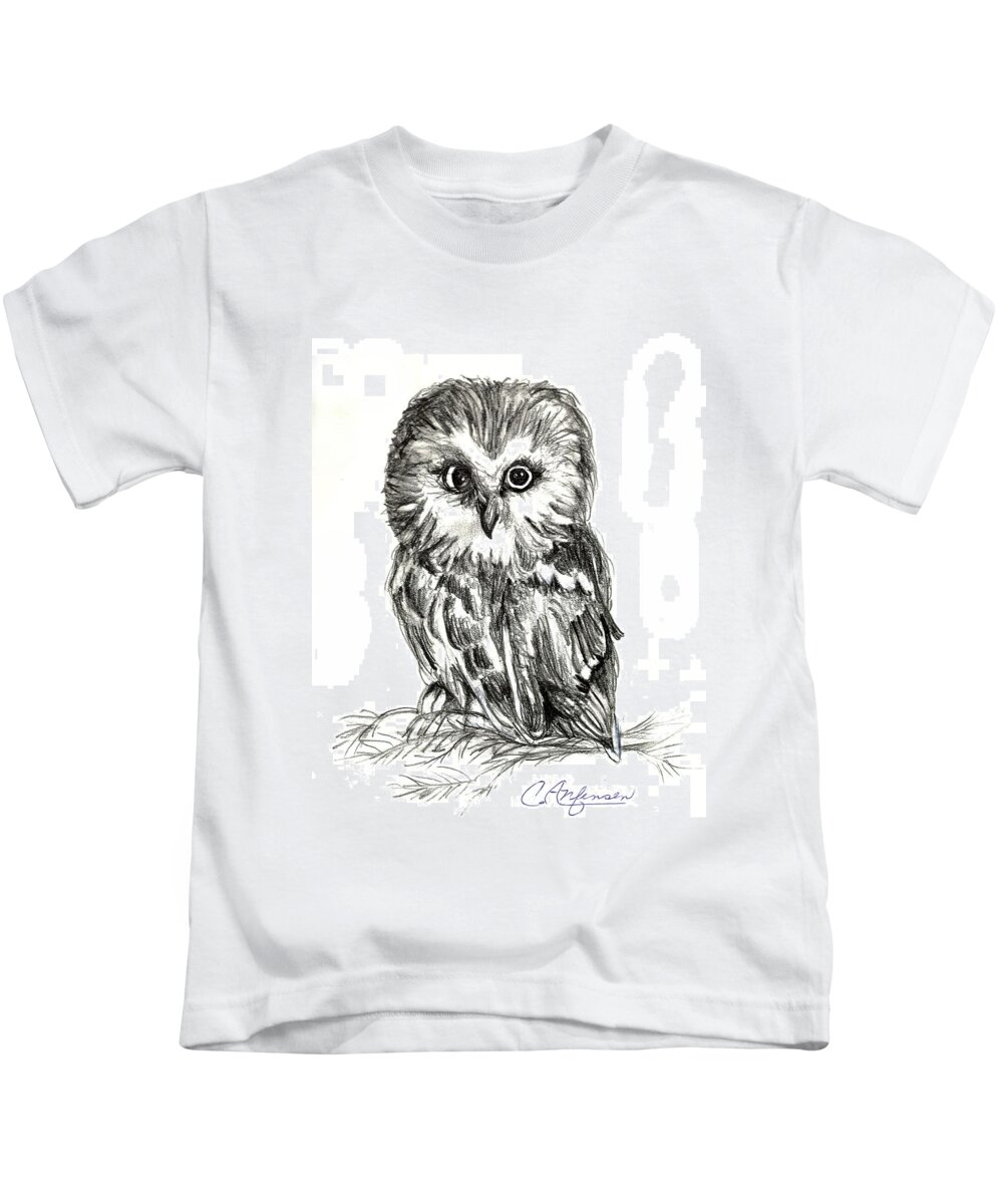 Owl Kids T-Shirt featuring the drawing Guess Whoooo by Carol Allen Anfinsen