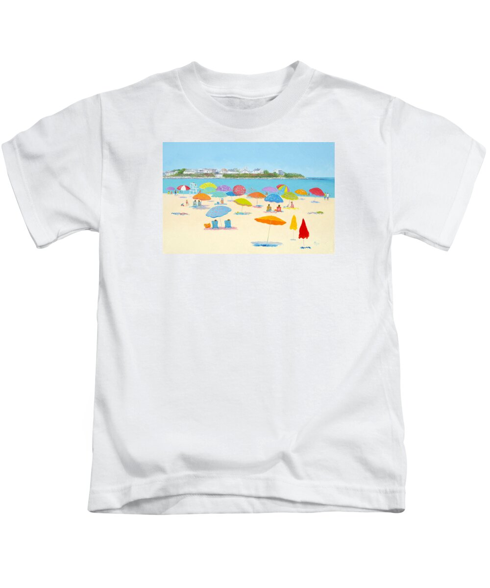 Hampton Beach Kids T-Shirt featuring the painting Hampton Beach Umbrellas by Jan Matson