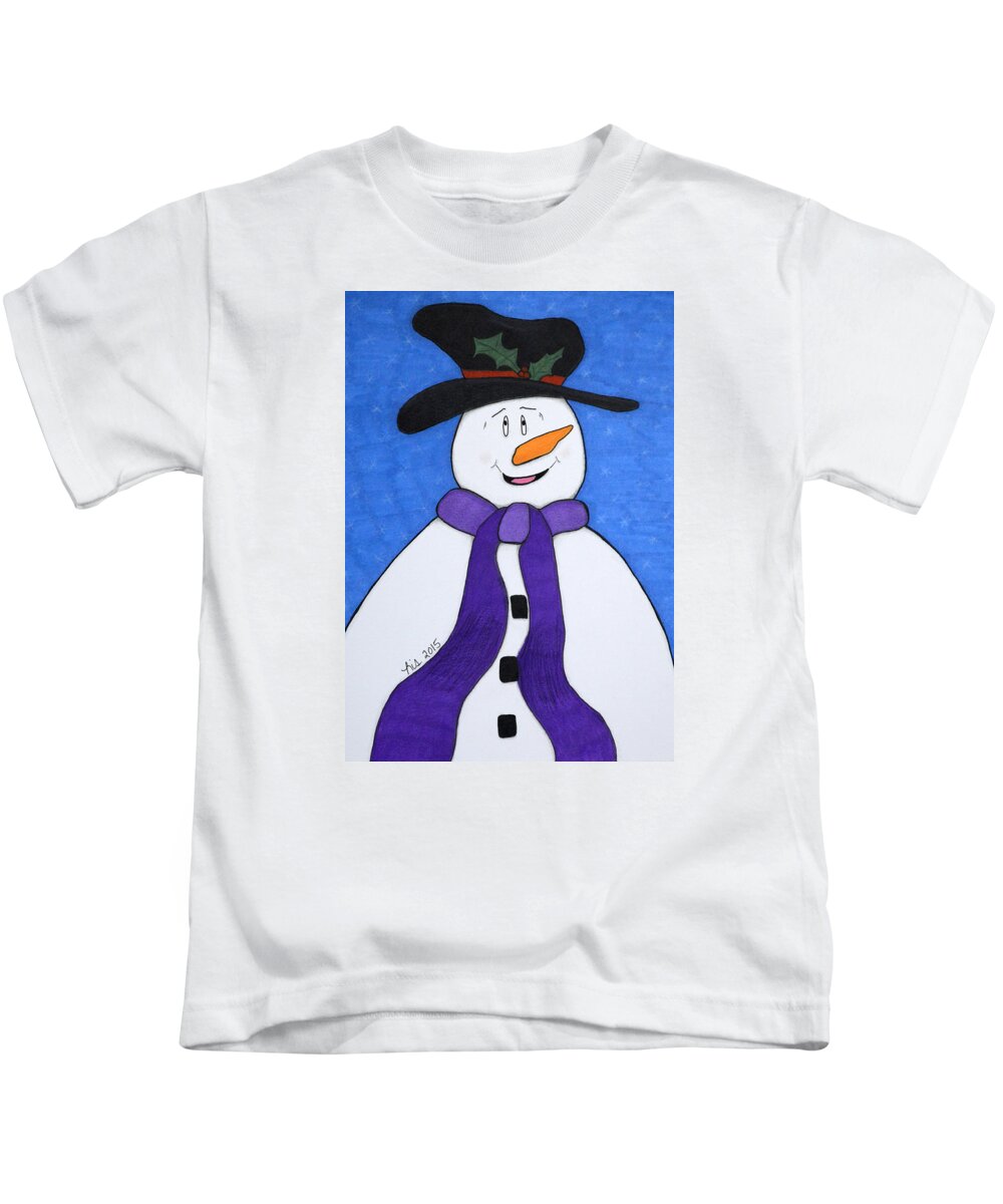 Snowman Kids T-Shirt featuring the drawing Happiness Snowman by Lisa Blake