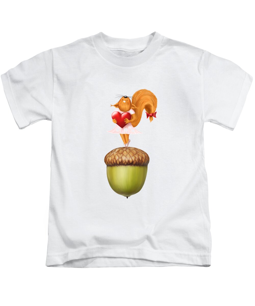 Squirrel Kids T-Shirt featuring the photograph Happy squirrel with heart standing on acorn illustration by Awen Fine Art Prints