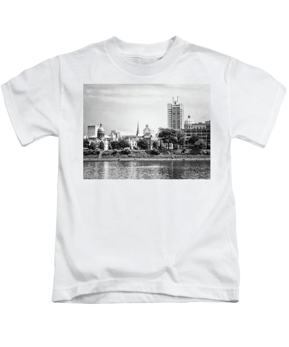 Harrisburg Kids T-Shirt featuring the photograph Harrisburg PA Skyline II Black and White by Susan Savad