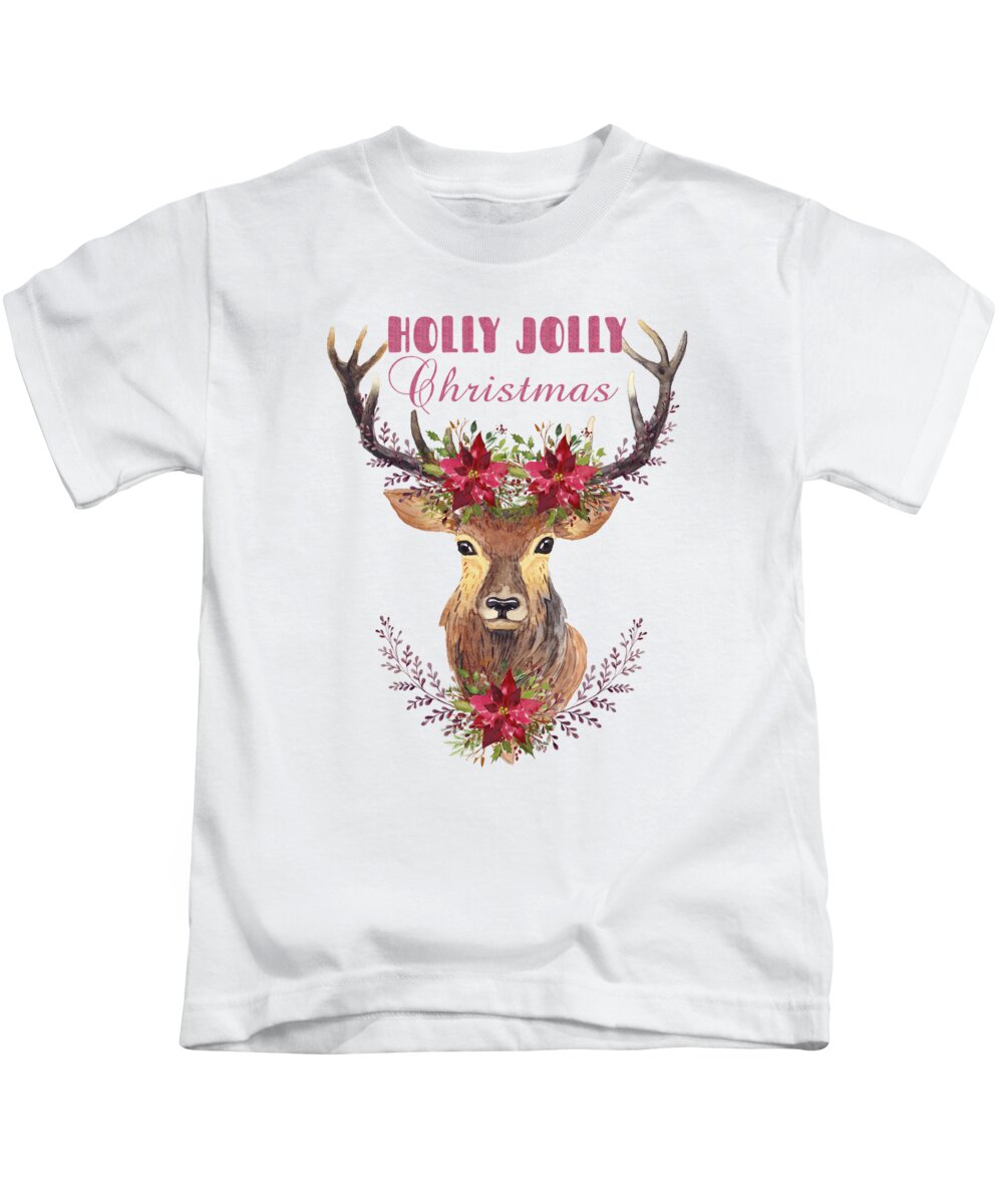 Deer Head Kids T-Shirt featuring the painting Holly Jolly Christmas Watercolor Deer Head Poinsettia Flowers by Georgeta Blanaru