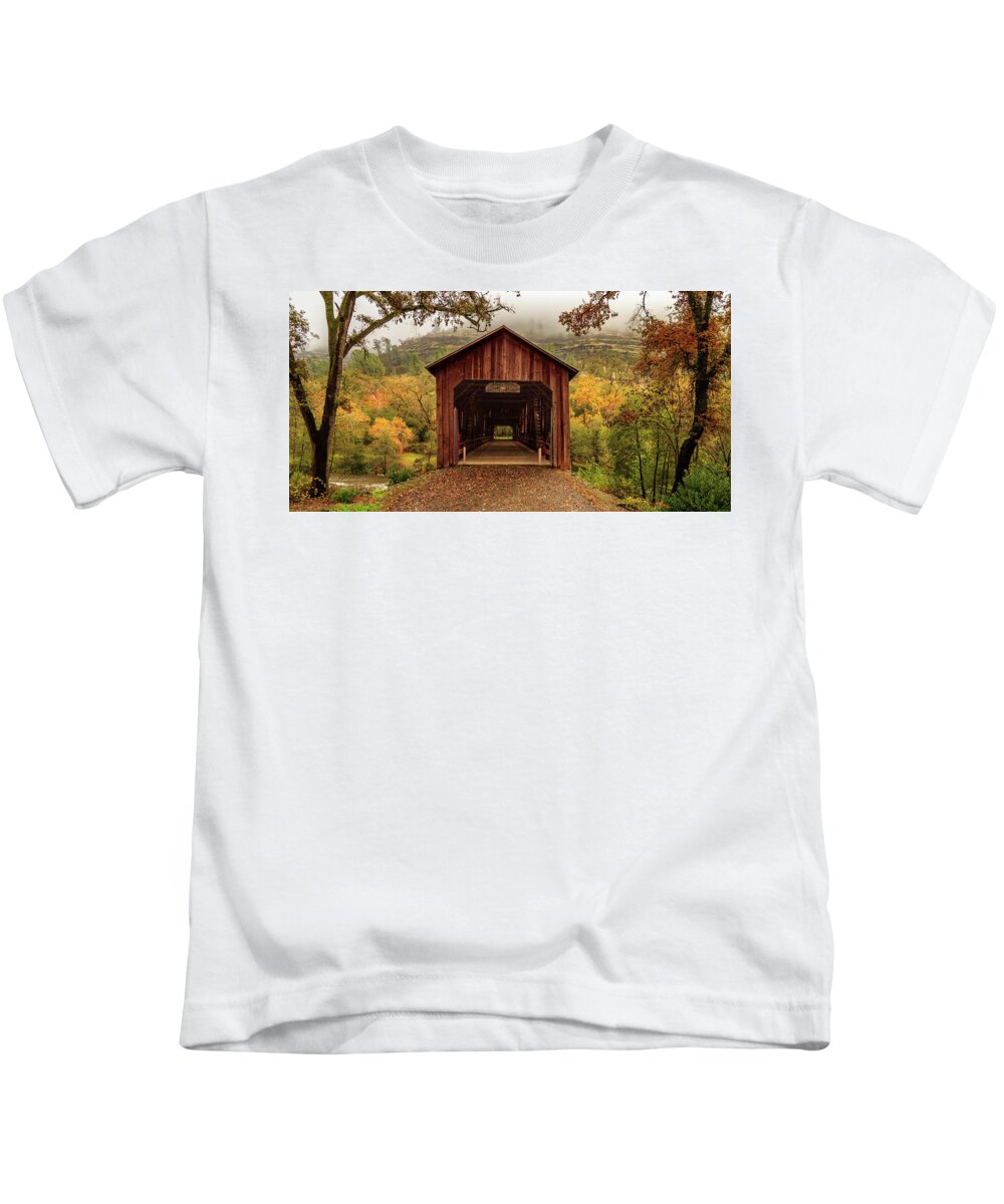Covered Bridge Kids T-Shirt featuring the photograph Honey Run Covered Bridge In Autumn by James Eddy