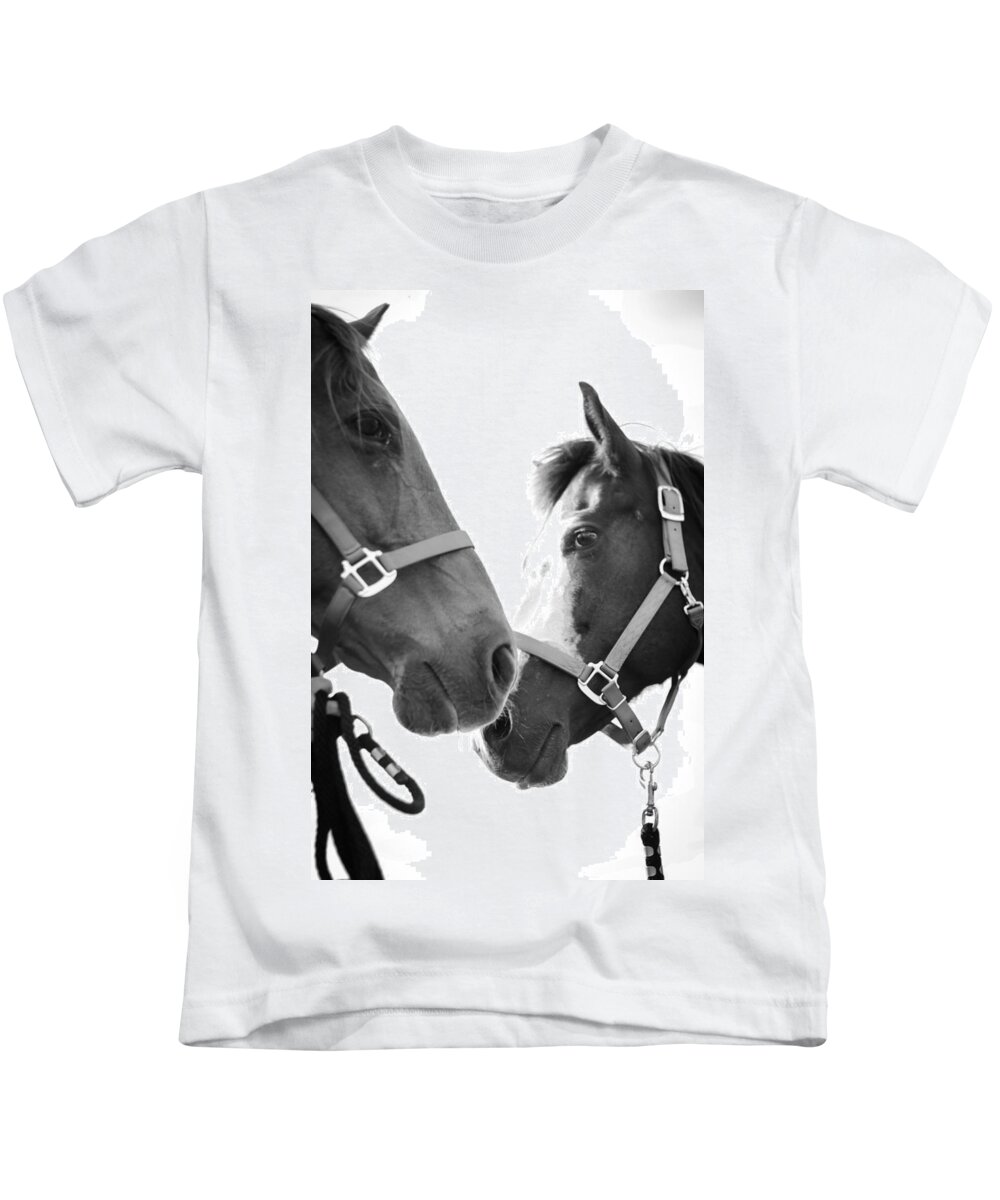 Kelly Hazel Kids T-Shirt featuring the photograph Horses Crossing in Black and White by Kelly Hazel
