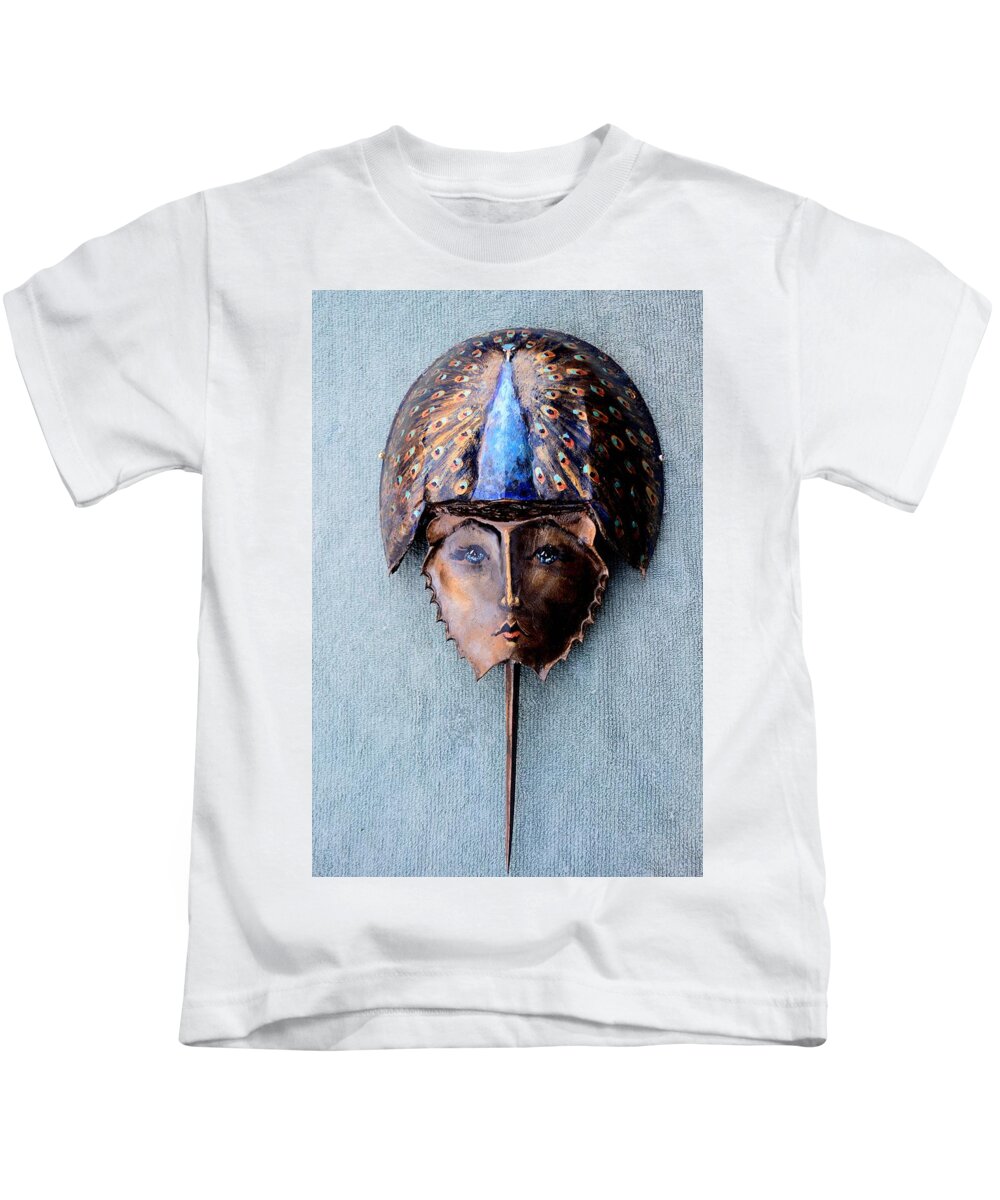 Roger Swezey Kids T-Shirt featuring the sculpture Horseshoe Crab Mask Peacock Helmet by Roger Swezey