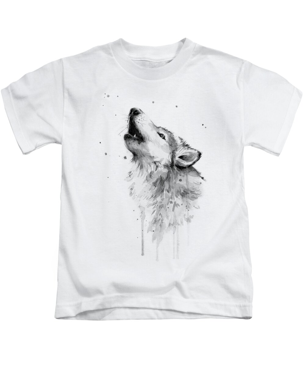 Watercolor Kids T-Shirt featuring the painting Howling Wolf Watercolor by Olga Shvartsur