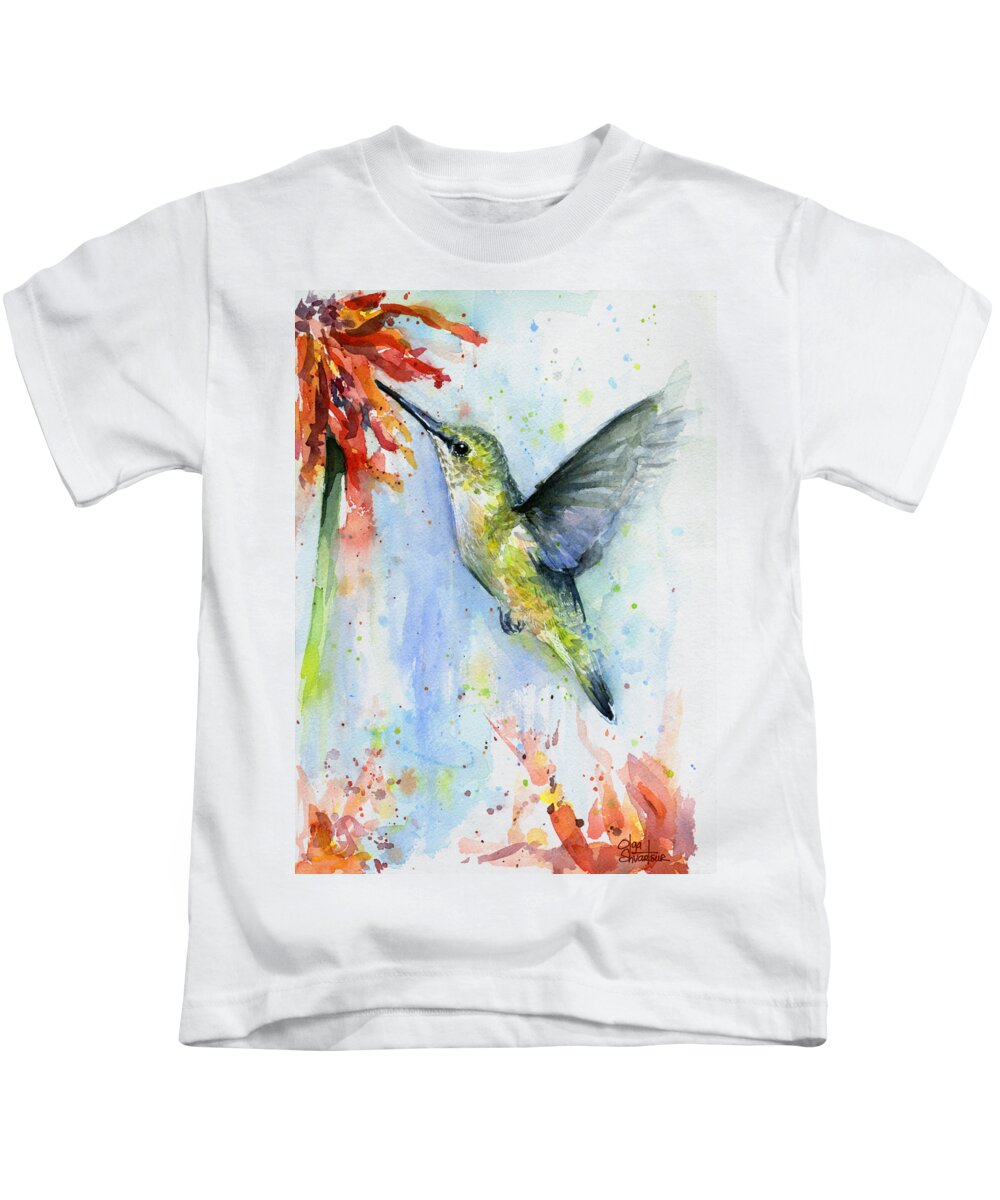 Watercolor Kids T-Shirt featuring the painting Hummingbird and Red Flower Watercolor by Olga Shvartsur