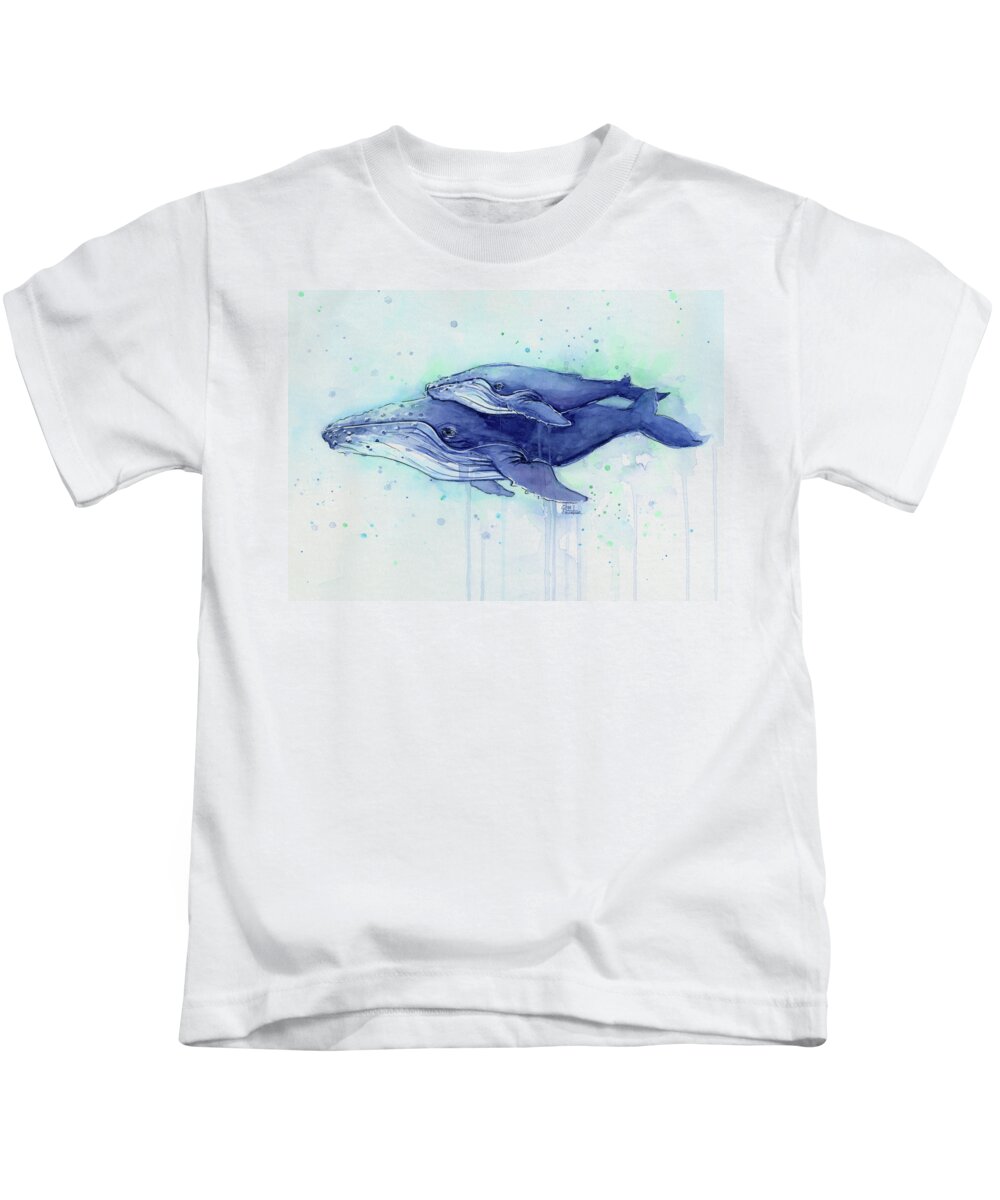 Whale Kids T-Shirt featuring the painting Humpback Whale Mom and Baby Watercolor by Olga Shvartsur
