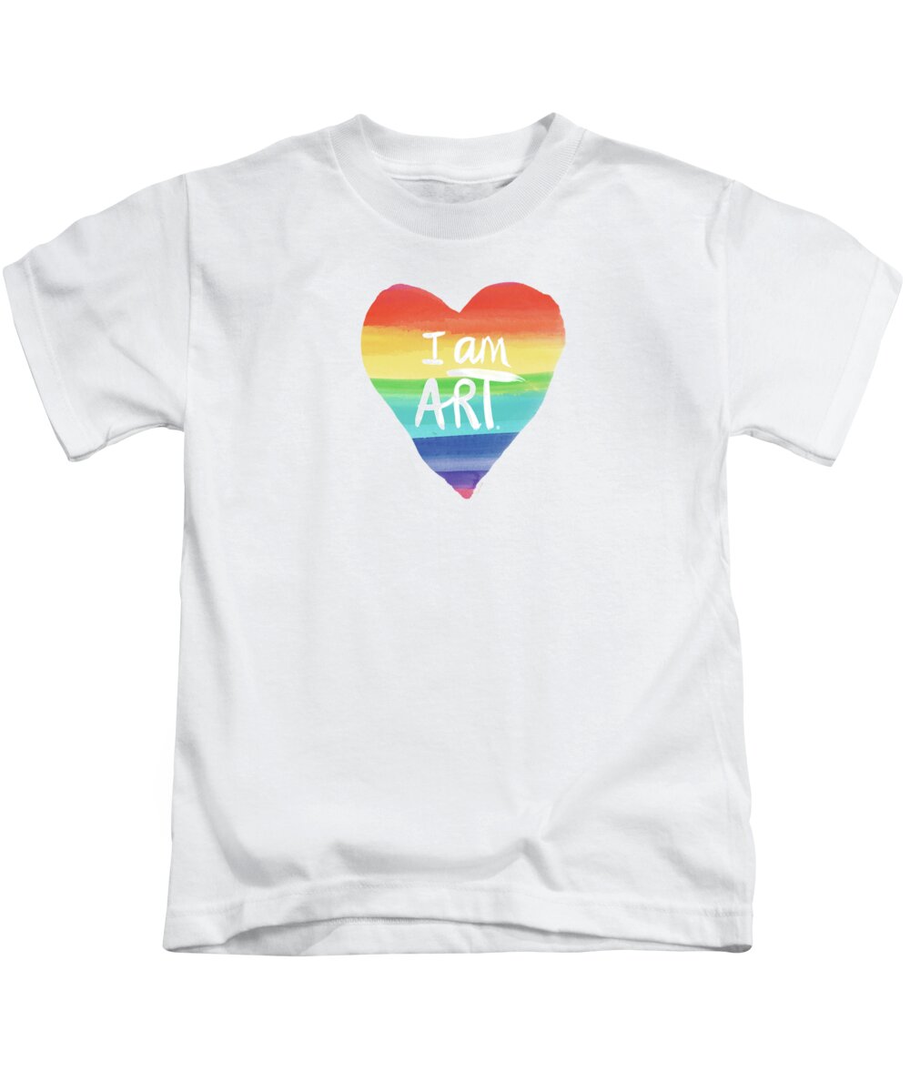 Rainbow Kids T-Shirt featuring the painting I AM ART Rainbow Heart- Art by Linda Woods by Linda Woods