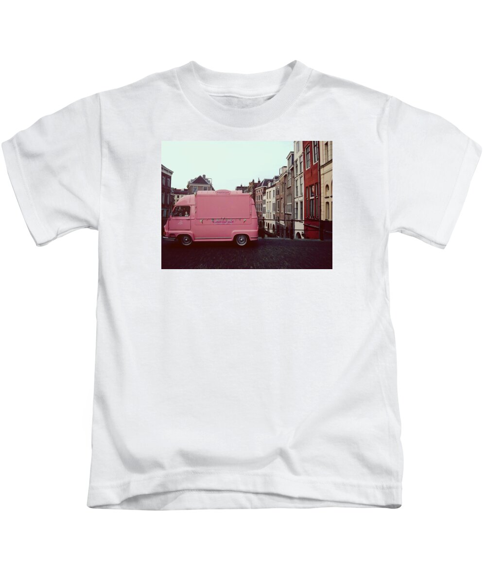 #car #utrecht #netherlands #holland #pink #canal #volkswagen #icecream Kids T-Shirt featuring the photograph Ice Cream Car by Myrthe V