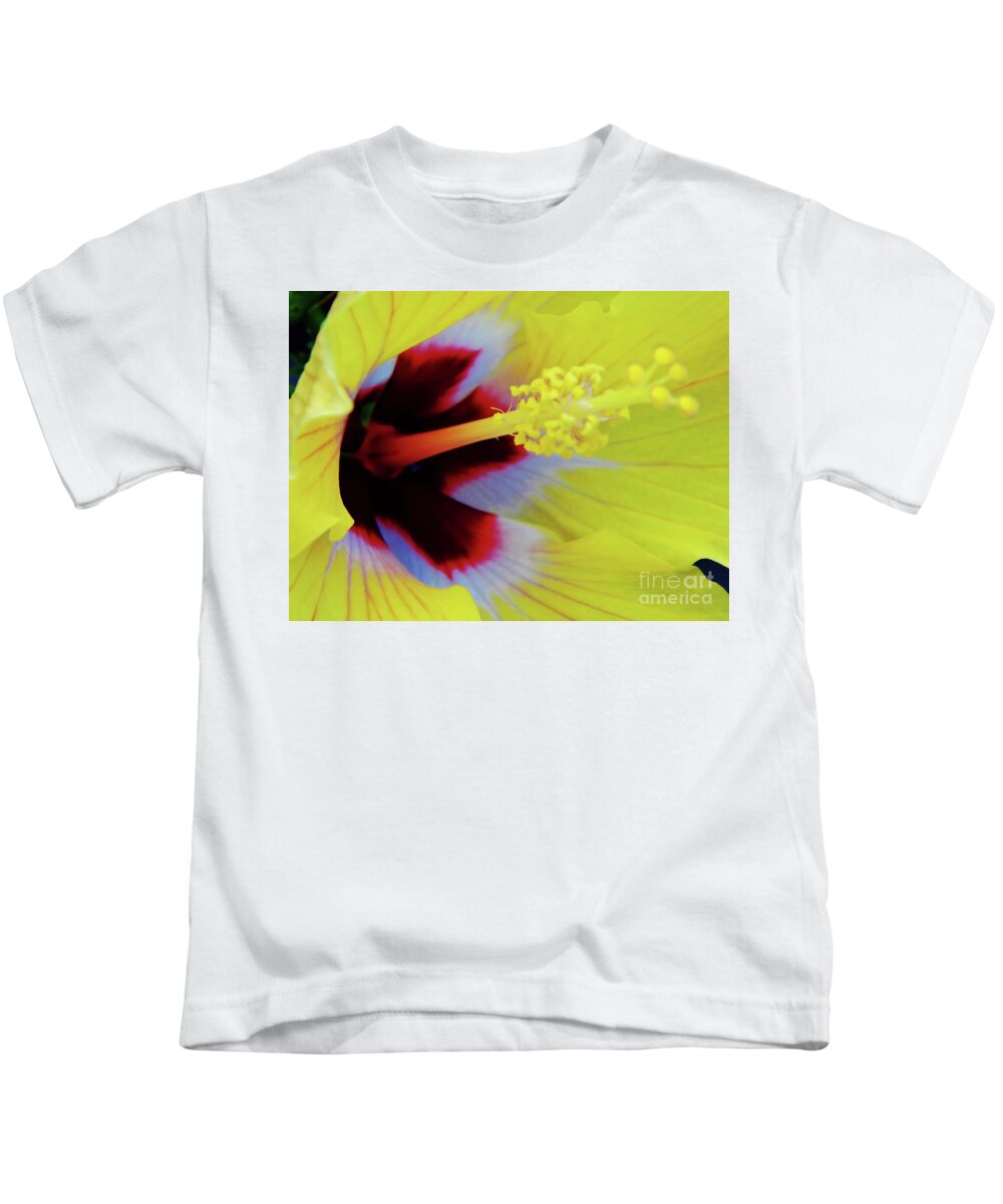 Hibiscus Kids T-Shirt featuring the photograph Inside A Yellow Beauty by D Hackett