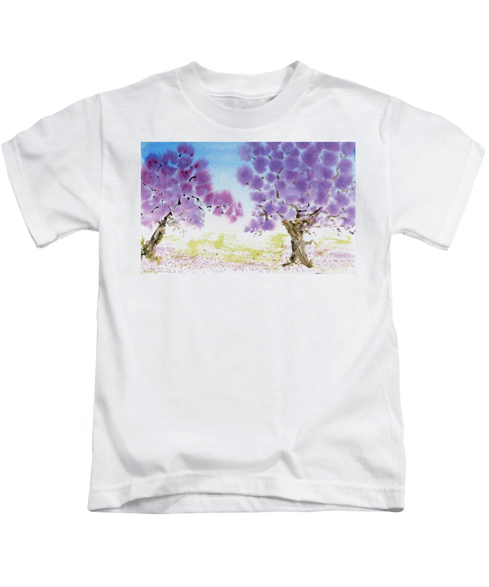 Argentina Kids T-Shirt featuring the painting Jacaranda trees blooming in Buenos Aires, Argentina by Dorothy Darden