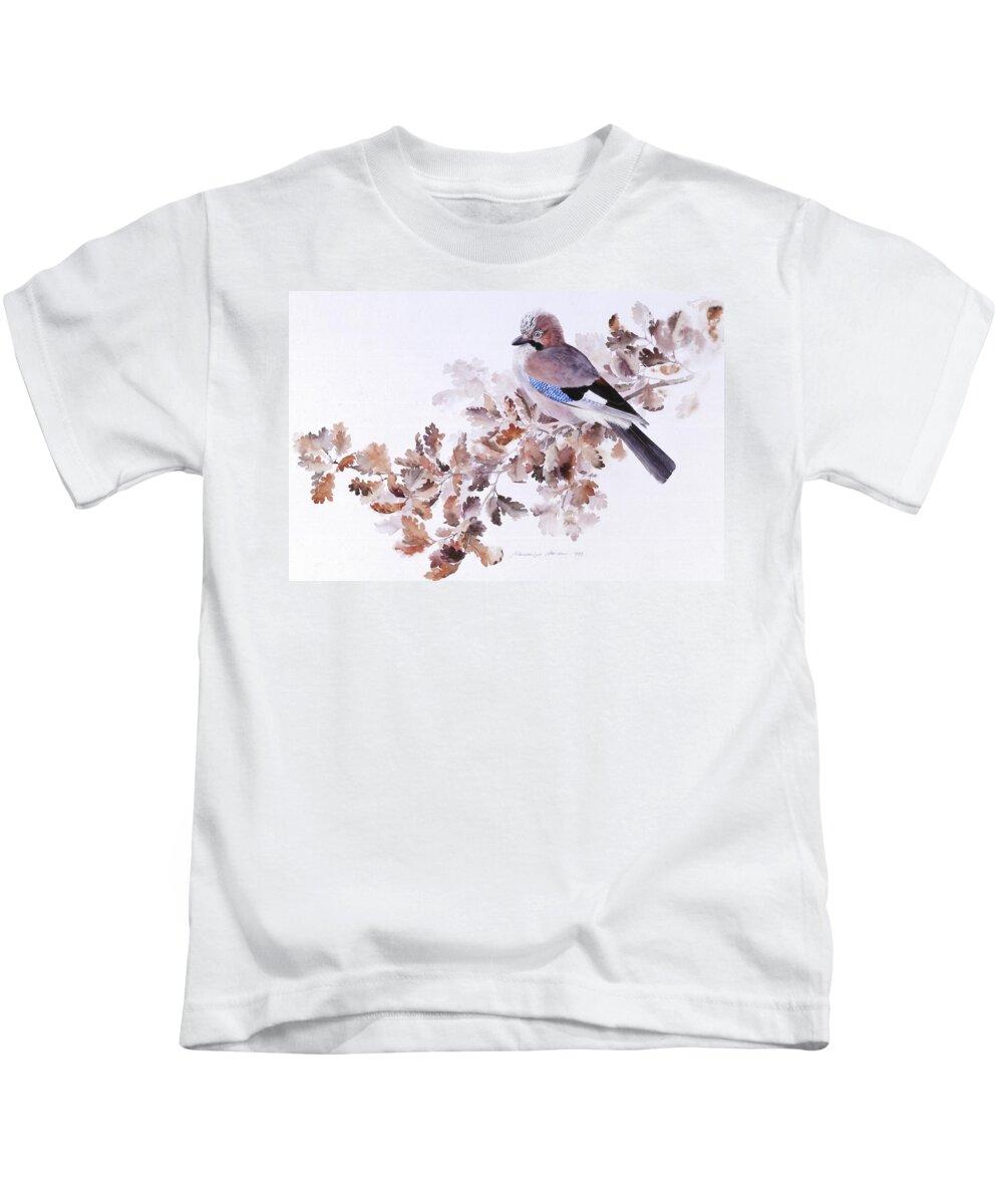 Jay Kids T-Shirt featuring the painting Jay on a Dried Oak Branch by Attila Meszlenyi