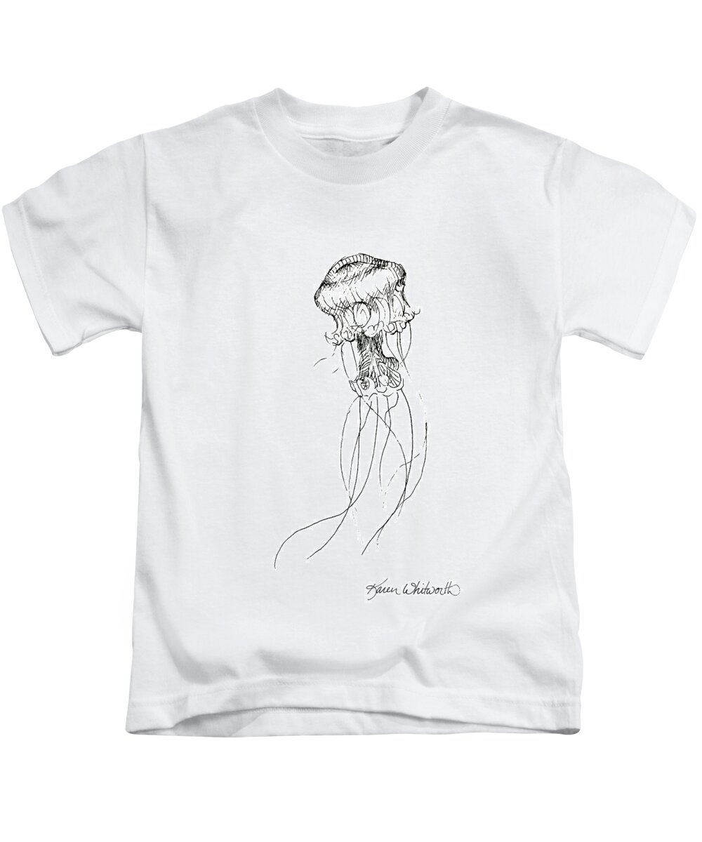 Jellyfish Art Kids T-Shirt featuring the drawing Jellyfish Sketch - Black and White Nautical Theme Decor by K Whitworth