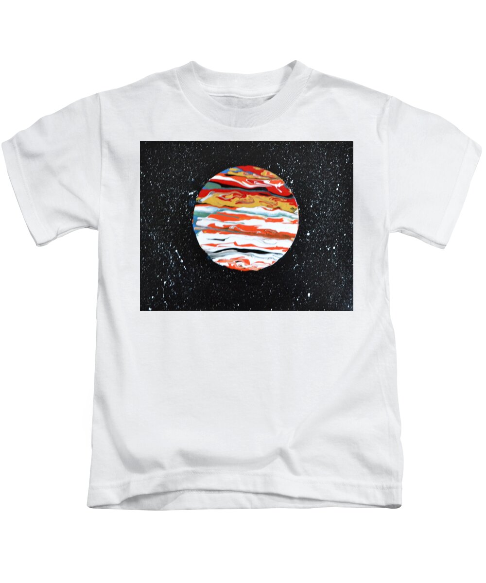 This Is A Abstract Painting Of The Planet Jupiter. The Flow Technique Was Used With Acrylic Colors. The Five Acrylic Colors Used Were Poured In A Circle Area Tilted To Get This Affect. The Distant White Stars Were Also Included In This Painting. Kids T-Shirt featuring the painting Jupiter by Martin Schmidt