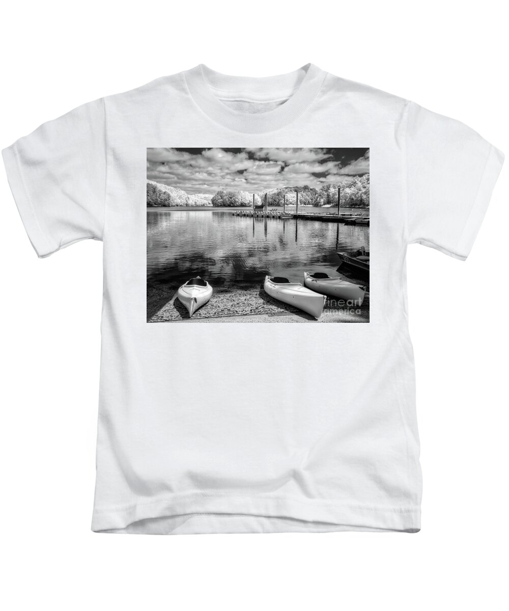 Needwood Kids T-Shirt featuring the photograph Kayaks awaiting - IR mono by Izet Kapetanovic