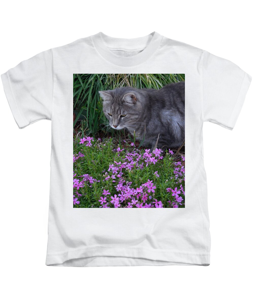 Cat Kids T-Shirt featuring the photograph Kitty 'n Flower Patch by W James Mortensen