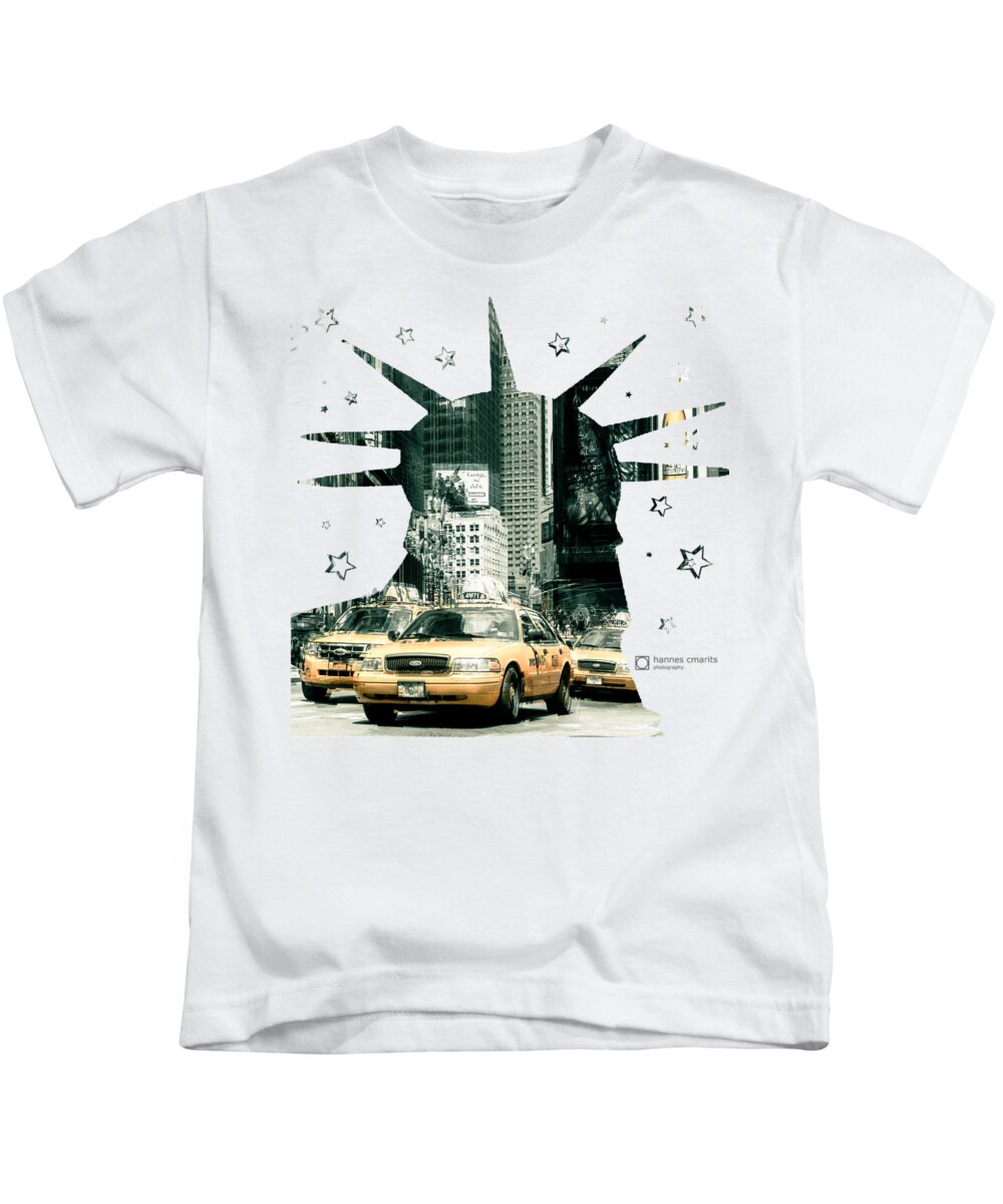 Graphical Kids T-Shirt featuring the photograph Lady Liberty And The Yellow Cabs by Hannes Cmarits