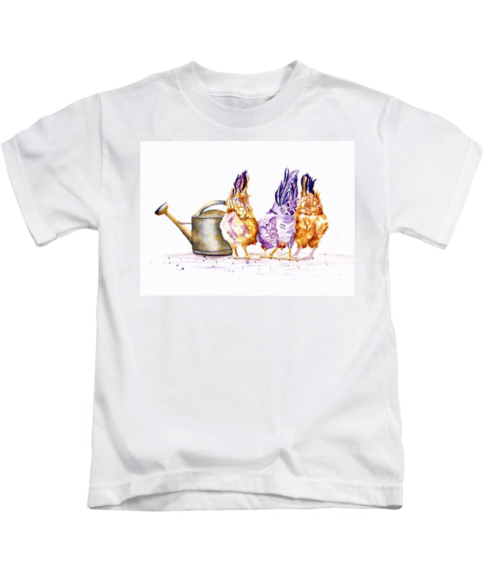 Hens Kids T-Shirt featuring the painting Let's Do Lunch Hens and Chickens by Debra Hall