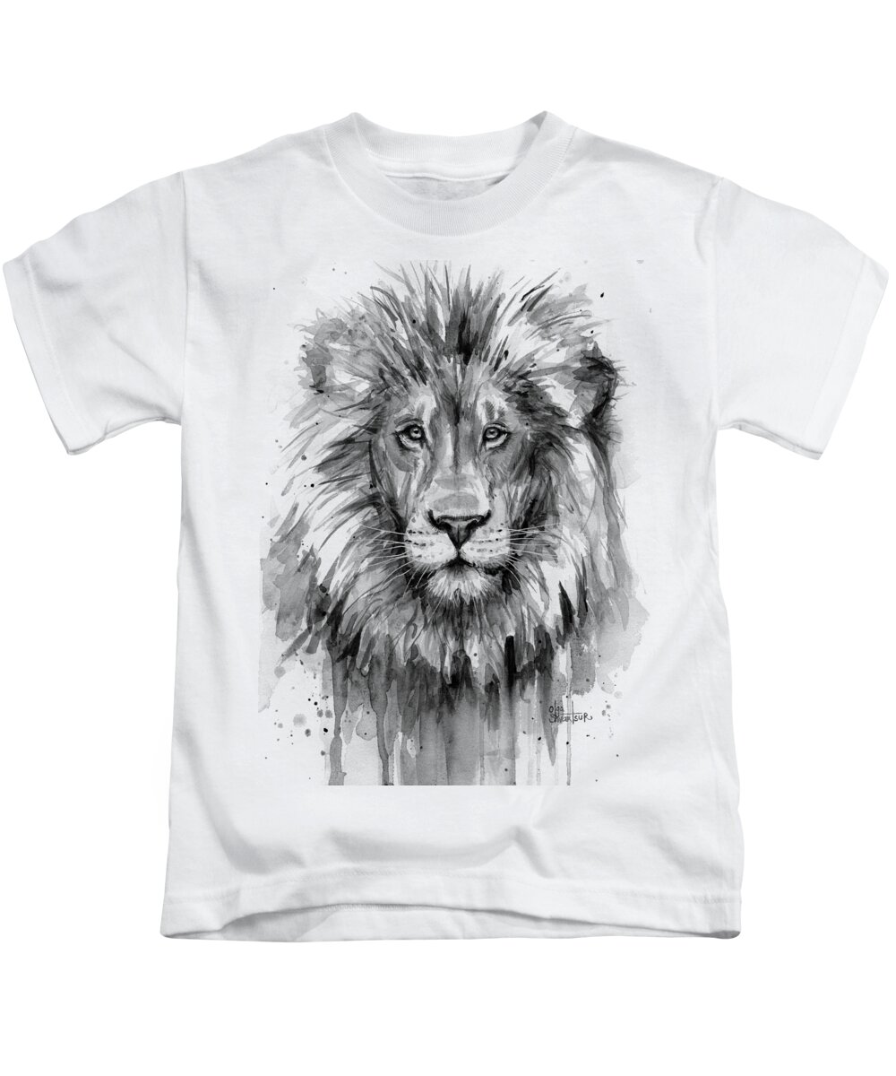 Lion Kids T-Shirt featuring the painting Lion Watercolor by Olga Shvartsur