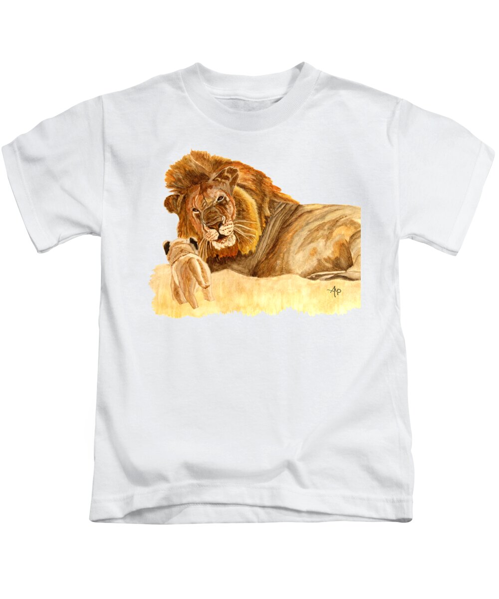 Lion Kids T-Shirt featuring the painting Lions by Angeles M Pomata