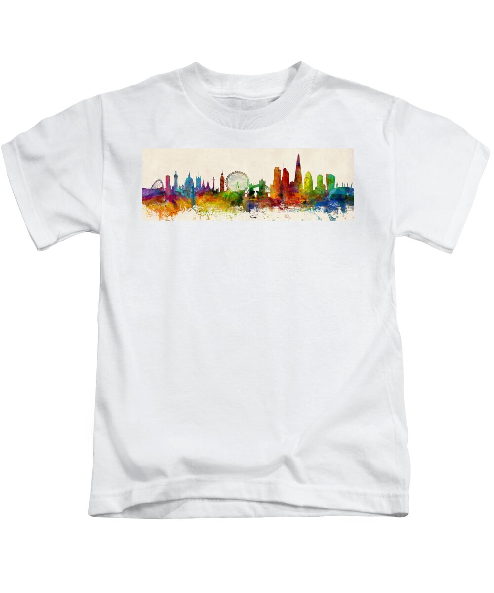 Watercolor Art Print Of The Skyline Of The City Of London Kids T-Shirt featuring the digital art London England Skyline Panoramic by Michael Tompsett