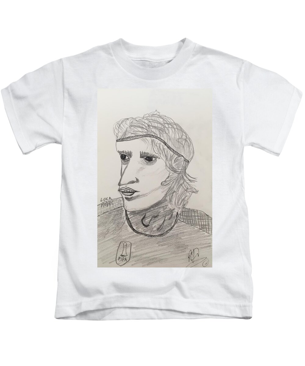 Drawing Kids T-Shirt featuring the drawing Luka Modric by Roger Cummiskey