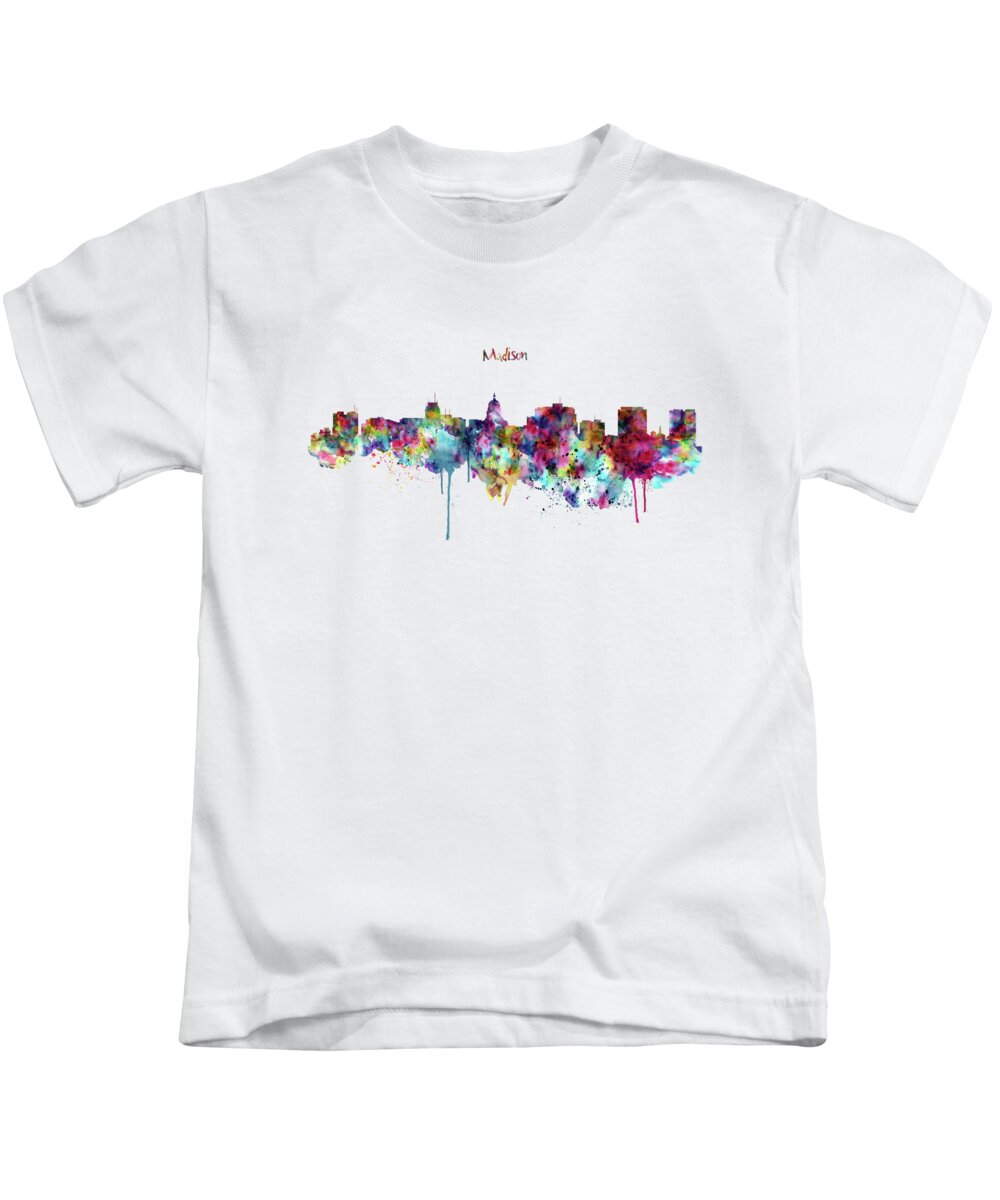Marian Voicu Kids T-Shirt featuring the painting Madison Skyline Silhouette by Marian Voicu