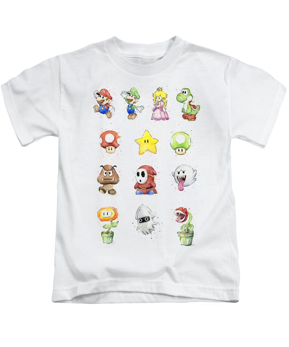 Mario Kids T-Shirt featuring the painting Mario Characters in Watercolor by Olga Shvartsur
