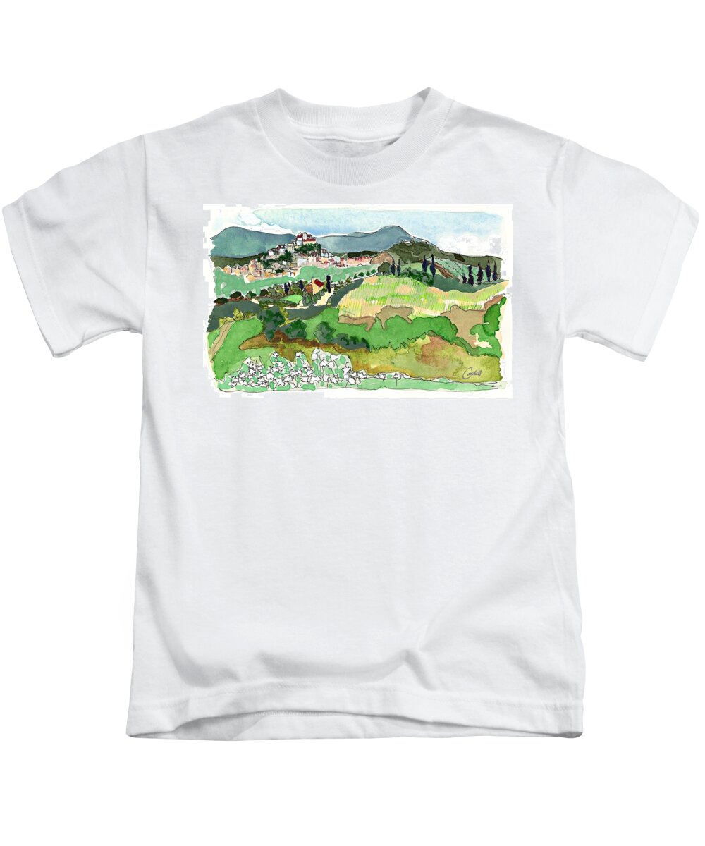 Italian Landscaoe Kids T-Shirt featuring the painting Medieval Magic - Montecampano Southern Umbria by Joan Cordell