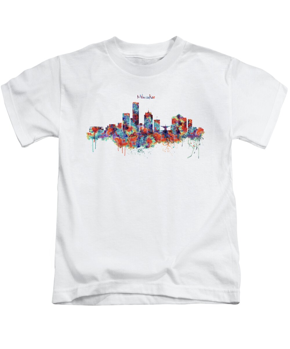Milwaukee Kids T-Shirt featuring the painting Milwaukee Watercolor Skyline by Marian Voicu