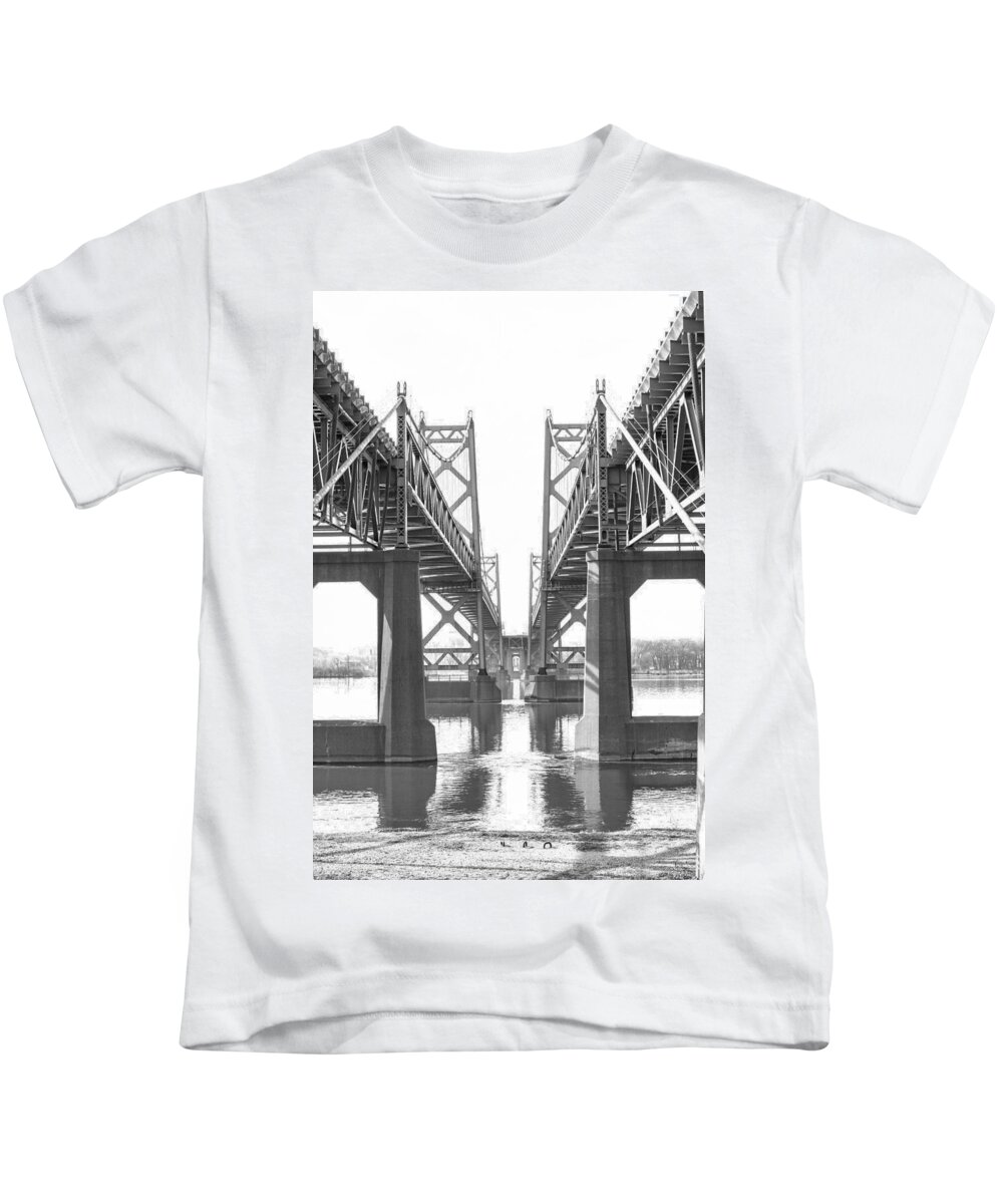 Bridge Kids T-Shirt featuring the photograph Mississippi River Bridge bw by Cathy Anderson