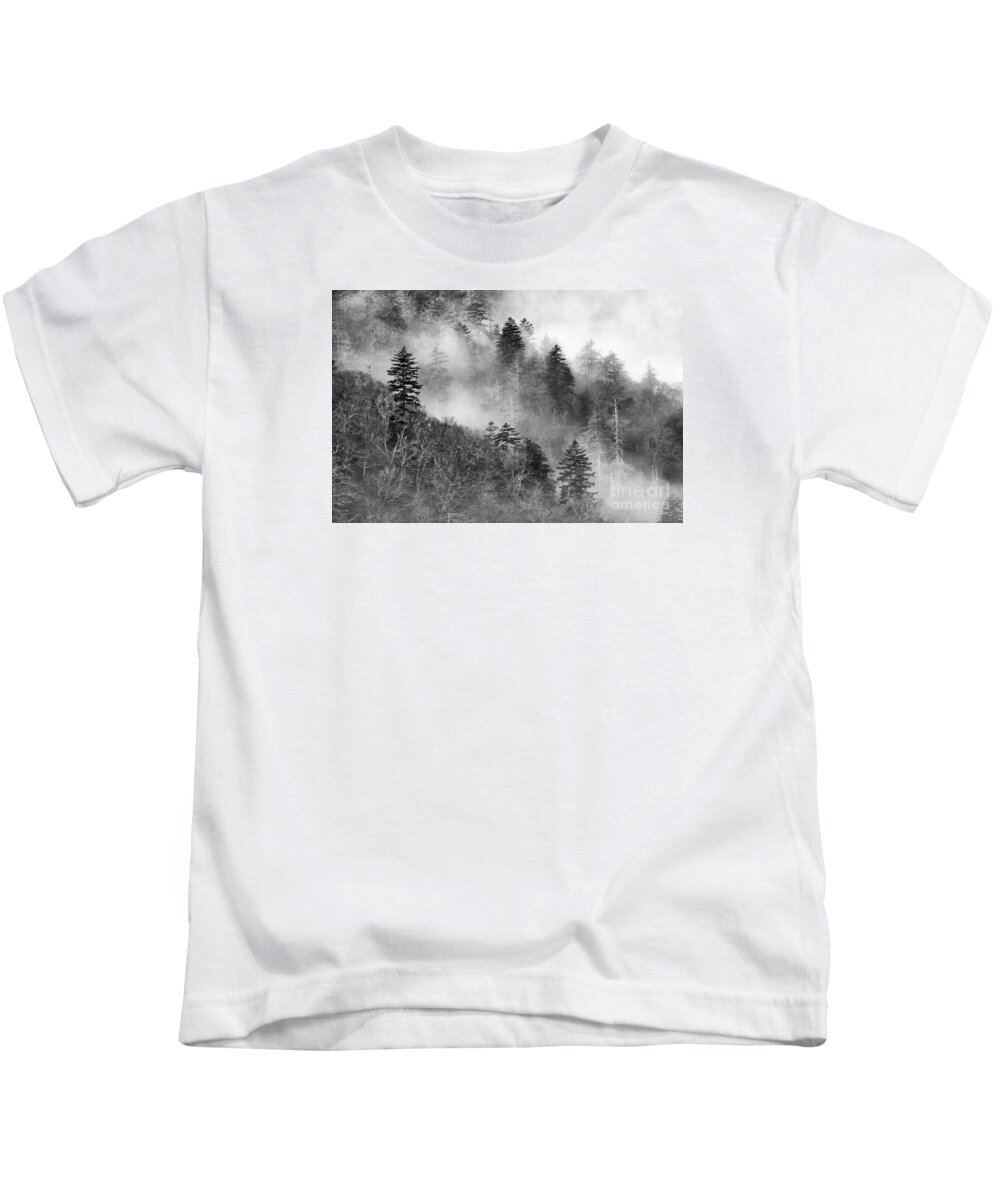 Black Kids T-Shirt featuring the photograph Misty Mountains - D008248-bw by Daniel Dempster