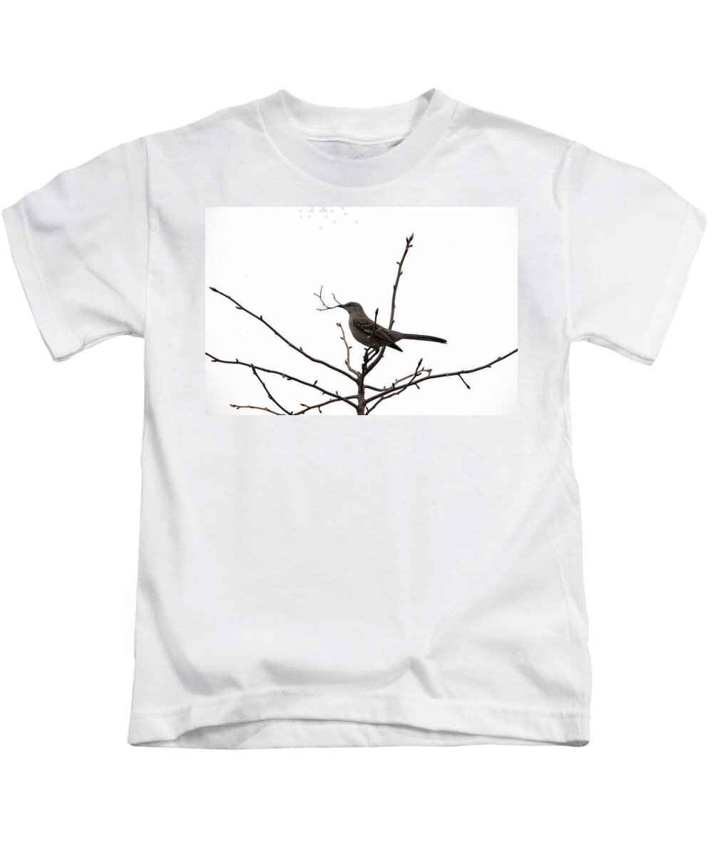 Bird Kids T-Shirt featuring the photograph Mockingbird With Twig by Allen Nice-Webb