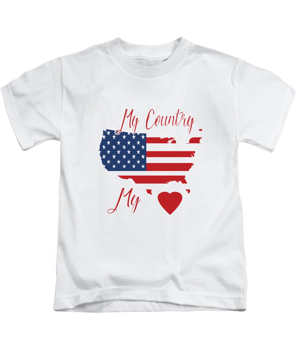Country; Heart; Love; Pride; Proud To Be An American; Flag; Us Flag; American Flag; Patriotic; Love Of Country; American Pride; Map; Map Of America; Patriot; Red; White; Blue; Red White And Blue Kids T-Shirt featuring the digital art My Country My Heart by Judy Hall-Folde