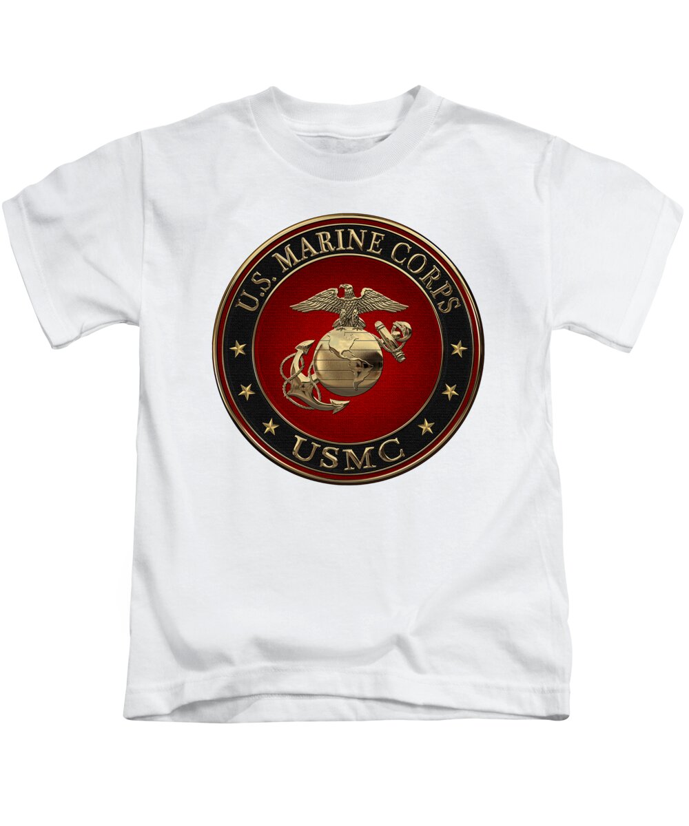 'usmc' Collection By Serge Averbukh Kids T-Shirt featuring the digital art N C O and Enlisted E G A Special Edition over White Leather by Serge Averbukh