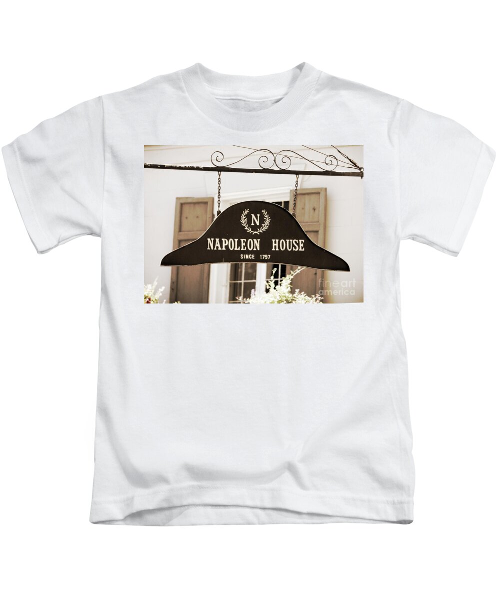 Historic Places Kids T-Shirt featuring the photograph New Orleans Sign - Napoleon House - Sepia by Carol Groenen