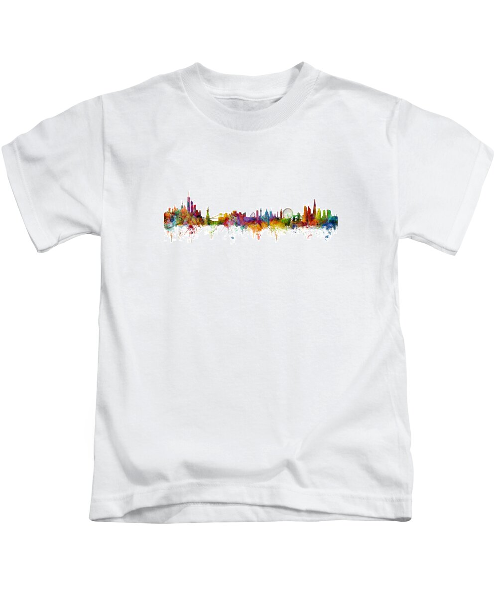 Cityscape Kids T-Shirt featuring the digital art New York and London Skyline Mashup by Michael Tompsett