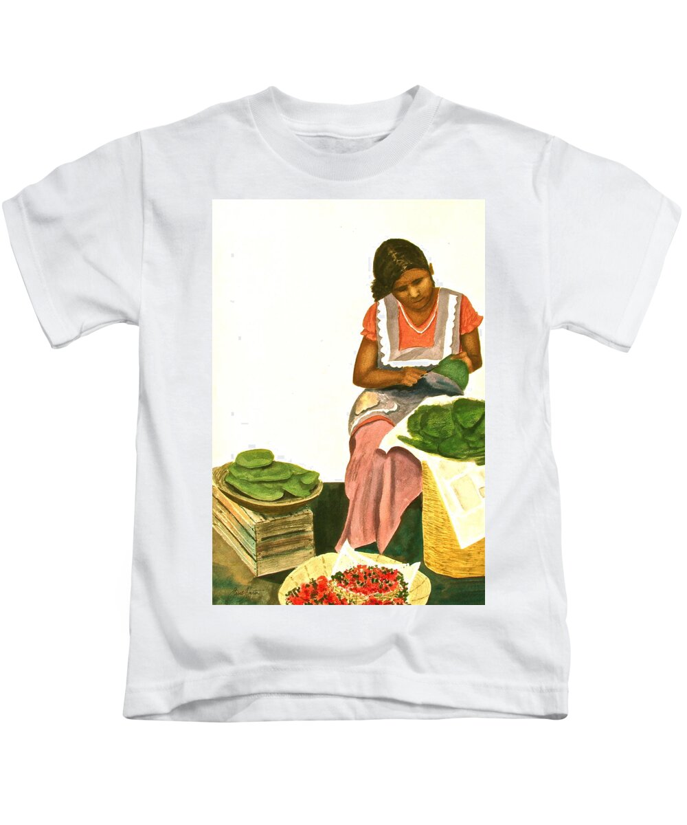 Mexico Kids T-Shirt featuring the painting Nopalita Senorita by Frank SantAgata