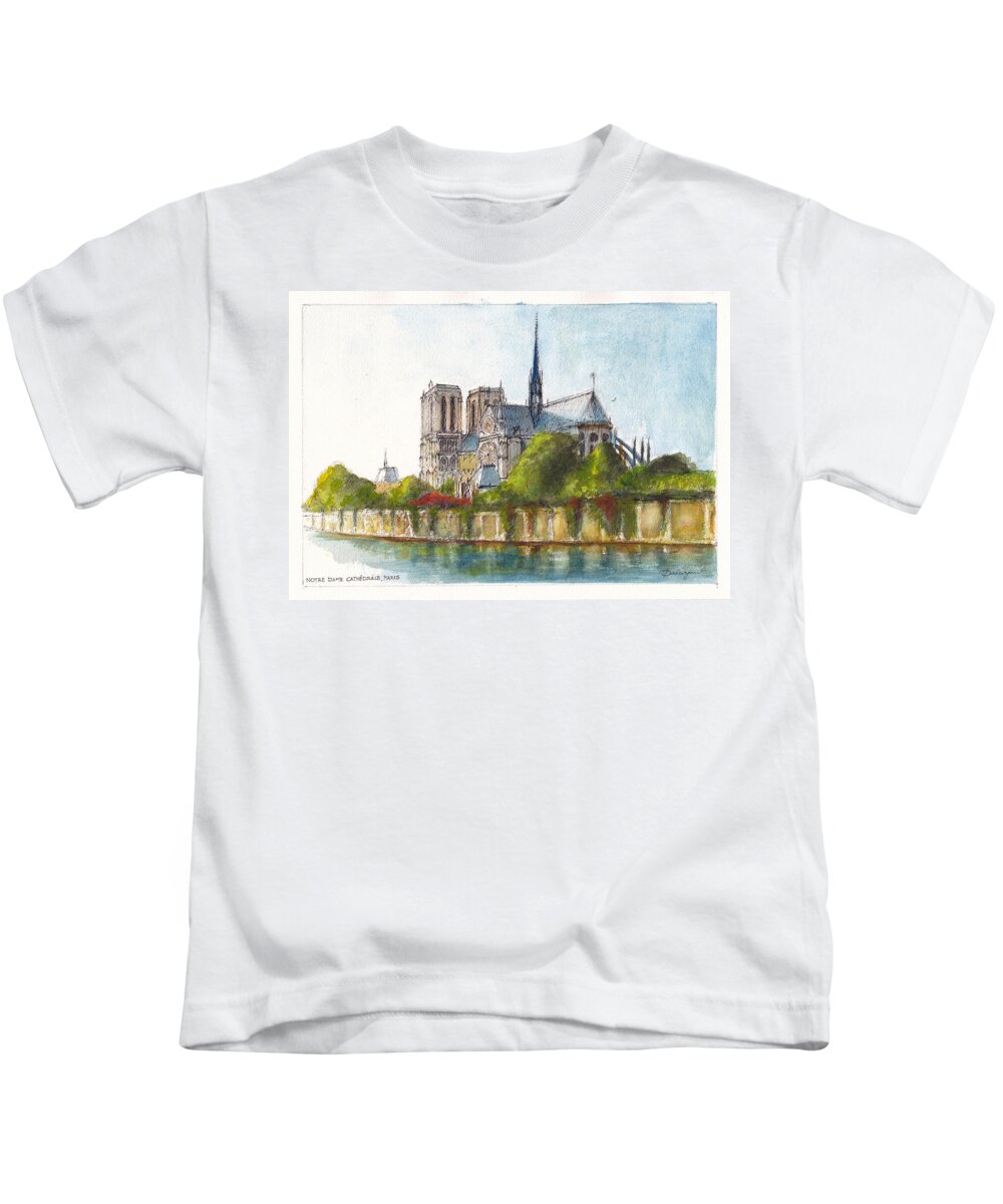 Landscape Kids T-Shirt featuring the painting Notre Dame Paris by Dai Wynn