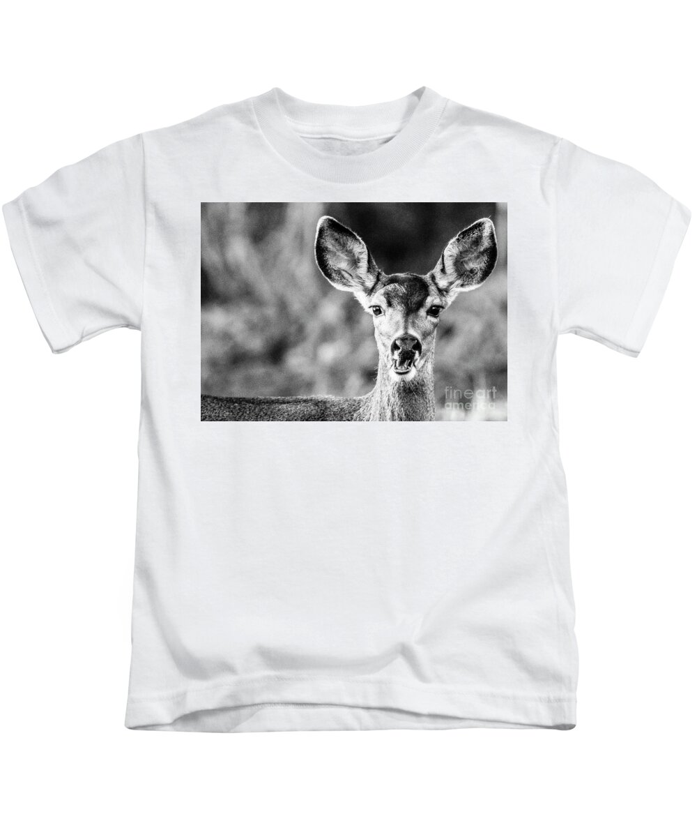 Wildlife Kids T-Shirt featuring the photograph Oh, Deer, Black and White by Adam Morsa