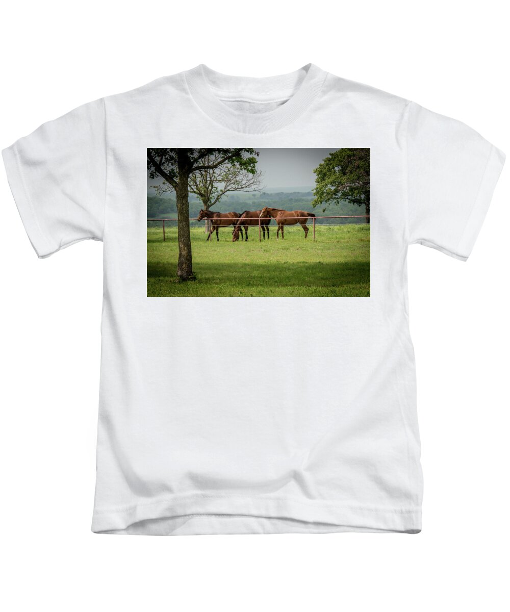 Horse Kids T-Shirt featuring the photograph Oklahoma Horses off Hwy 11 by Bert Peake