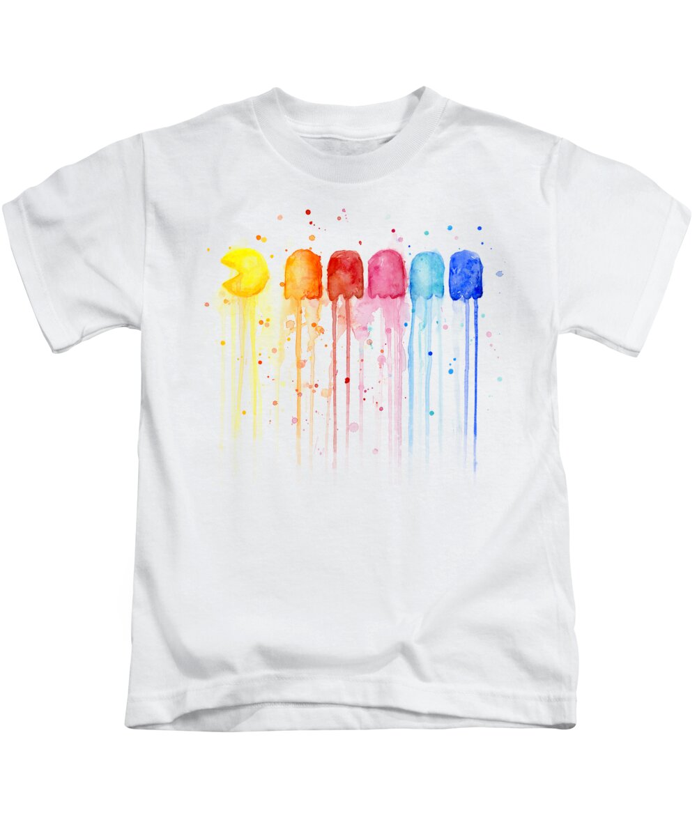 Game Kids T-Shirt featuring the painting Pacman Watercolor Rainbow by Olga Shvartsur